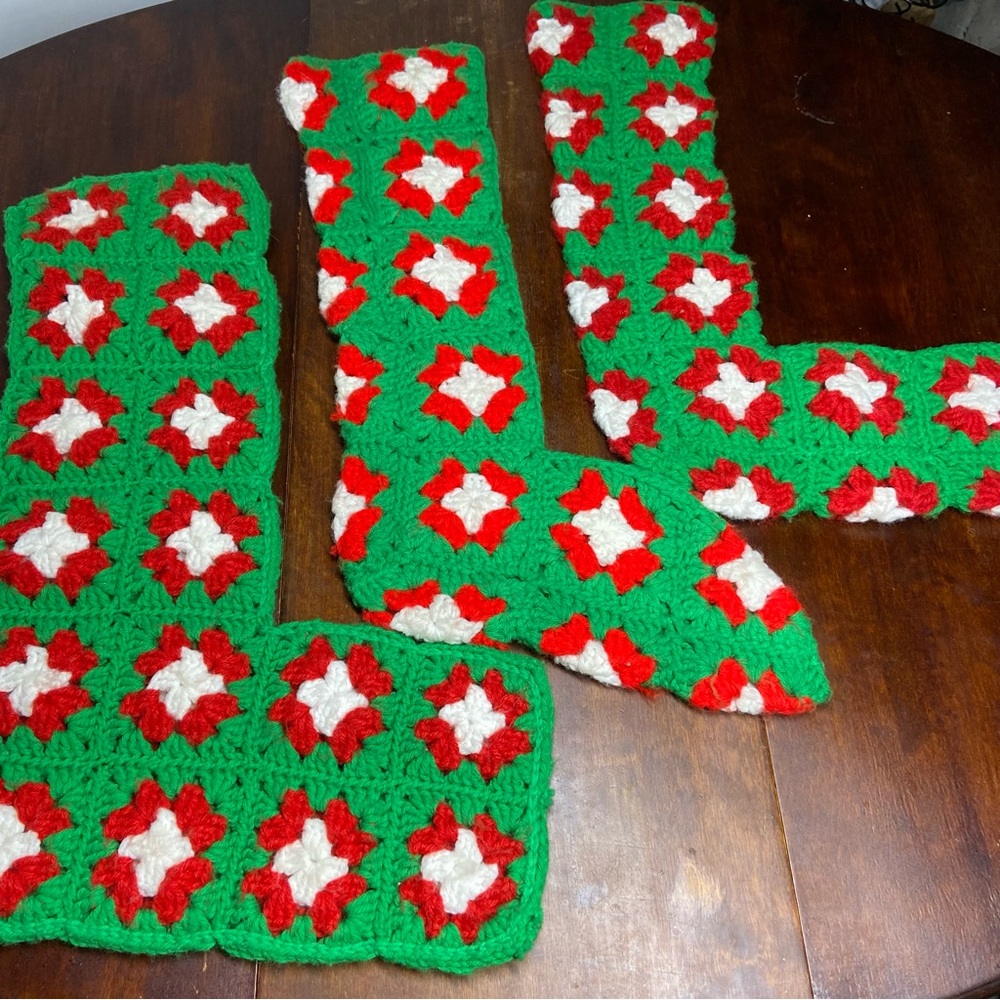Vintage Lot Of 3 Granny Square Green Red Crochet Stockings Holiday Christmas